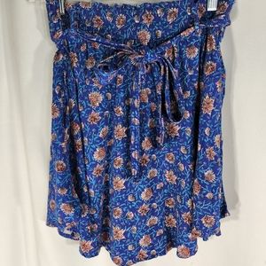 H&M Blue Paper Bag Waist Multicolored Floral Print Skirt w/Tie Belt Size 8
